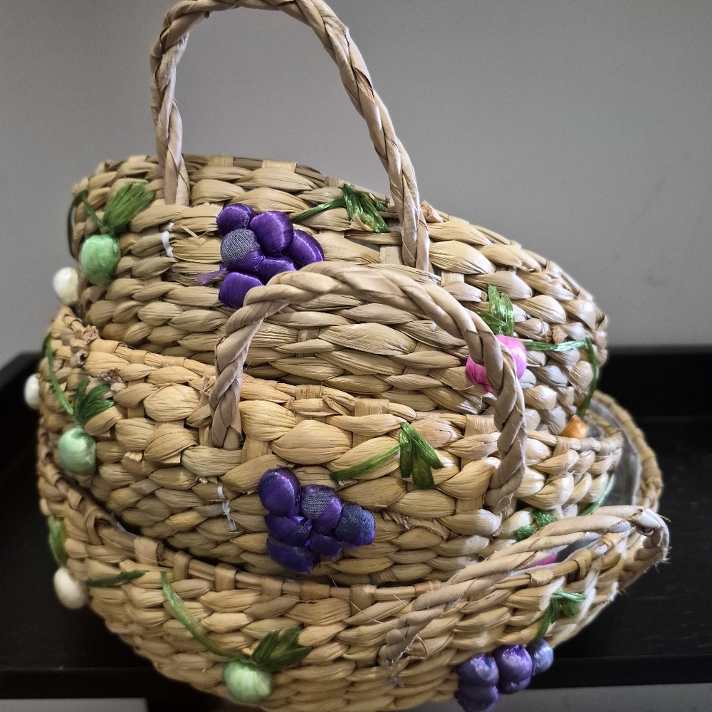 Vintage Basket Straw Raffia Casserole Dish Carriers 3 Nesting Round